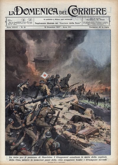Második kínai-japán háború (1937-1945): a nankingi mészárlás epizódja (Nanjing zsákolása vagy megerőszakolása) a régió birtoklása miatti konfliktusok idején. Achilles Beltrame illusztrációja a „La domenica del corriere”-ben, 1937.12.19. alkotó: Achille Beltrame