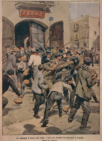 Súlyos munkahiány Apuliában, Cerignola munkanélküliei megrohamozták a sütőket, Achille Beltrame, illusztráció, Achille Beltrame (1871-1945), La Domenica del Corriere, 1908. december 20. alkotó: Achille Beltrame