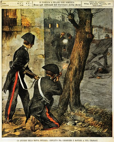 Szicíliai maffiaesemény, Harc karabinierik és maffiagengszterek között Trapaniban, Achille Beltrame, illusztráció, Achille Beltrame (1871-1945) illusztrátor, La Domenica del Corriere, 1899. december 31. alkotó: Achille Beltrame