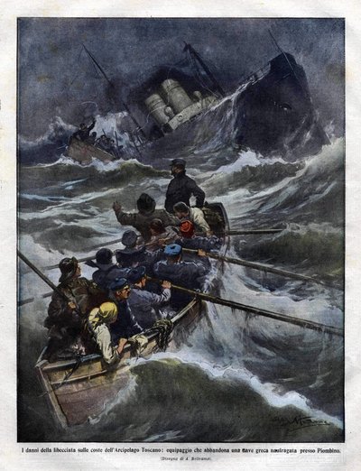 Egy olasz hajó elsüllyedése Toszkánánál 1910-ben. Achilles Beltrame illusztrációja alkotó: Achille Beltrame