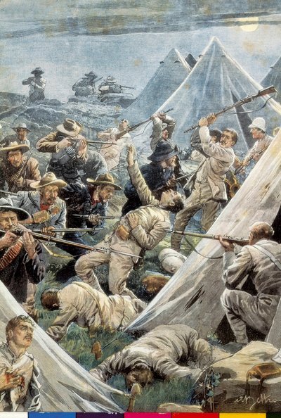 Dél-Afrika. Második búr háború. Támadás a tweefonteini angol tábor ellen (1902). Illusztráció: Achille Beltrame. Metszés. alkotó: Achille Beltrame