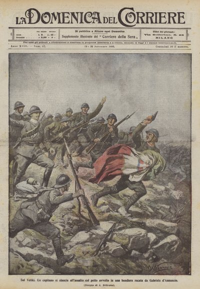 A Velikin egy kapitány rohamra rohan, mellkasát egy Gabriele dAnnunzio által vitt zászlóba csavarva. alkotó: Achille Beltrame