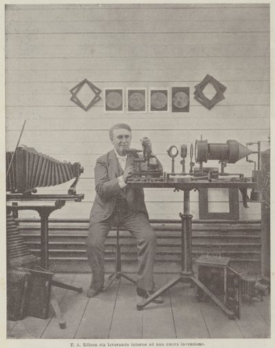 T A Edison egy új találmány körül dolgozik alkotó: Achille Beltrame