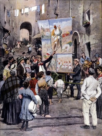 The Poesy of War: A líbiai háború ihlette legújabb népszerű dalokat éneklik Nápoly utcáin utcai művészek. Ill. de Beltrame. La Domenica del Corriere. 1912 alkotó: Achille Beltrame