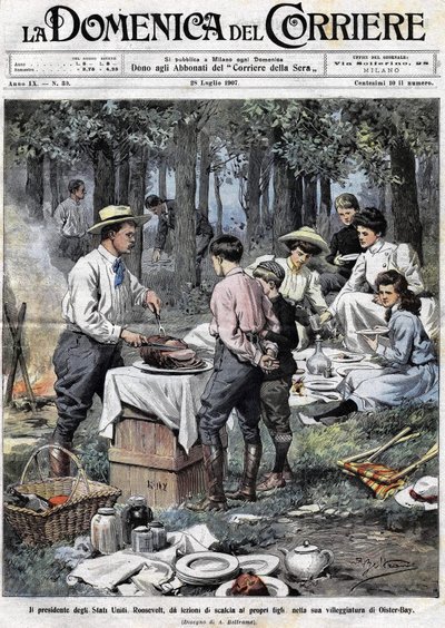 Theodore Roosevelt, az Egyesült Államok elnöke (1858-1919) úgy tanította fiait a jó társadalom emberének kötelességeire, hogy levágta a lábát egy piknik közben, Oister Bay-ben. Illusztráció: Achille Beltrame. La Domenica del Corriere alkotó: Achille Beltrame