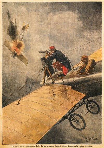 A légi háború: francia és német párbaj a Reims feletti égbolton, Achille Beltrame (1871-1945), La Domenica del Corriere, 1914. október 25. alkotó: Achille Beltrame