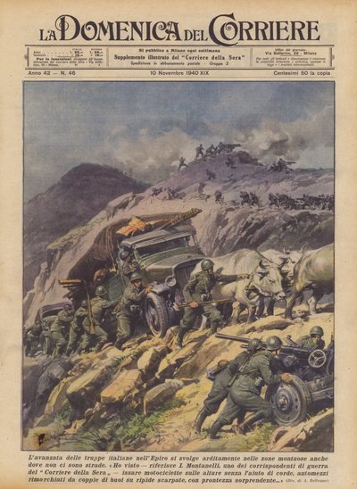 Az olasz csapatok előrenyomulása Epirusban bátran megy végbe a hegyvidéki területeken, még ott is, ahol nincsenek utak (színes litho) alkotó: Achille Beltrame