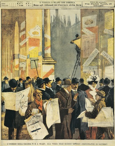 A milánói Galleria Vittorio Emanuele bejárata az általános közigazgatási választások előestéjén, Achille Beltrame (1871-1945), a La Domenica del Corriere-ből alkotó: Achille Beltrame