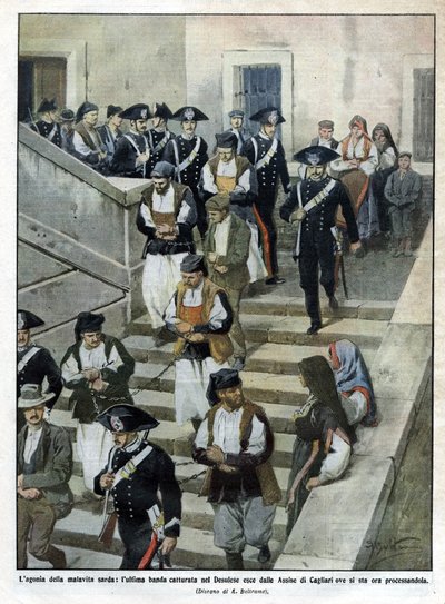 A szardíniai malfratok utolsó bandája, amikor elhagyják a Cagliari-i Assize Bíróságot, ahol a per zajlik. Beltrame illusztrációja. La Domenica del Corriere. 07/1913. alkotó: Achille Beltrame