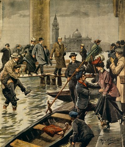 A magas víz jelensége a velencei Szent Márk téren, Achille Beltrame (1871-1945) a La Domenica del Corriere-ből alkotó: Achille Beltrame