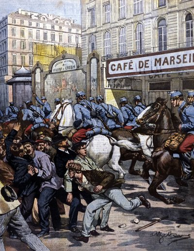 A marseille-i munkássztrájkok: a Canebière-en vezető huszárok. Illusztráció: Beltrame. La Domenica del corriere. 1901. alkotó: Achille Beltrame