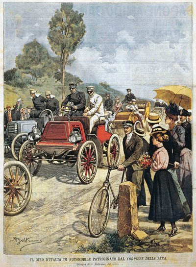 Olaszországi körút autóval, a Corriere della Sera támogatásával, Achille Beltrame illusztrációja a La Domenica del Corriere-ből, május 19. alkotó: Achille Beltrame