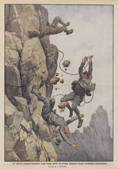 Három lombard hegymászó zuhan le a Magnaghi-torony (Grigna déli részének) zord fala mentén, összezúzva alkotó: Achille Beltrame