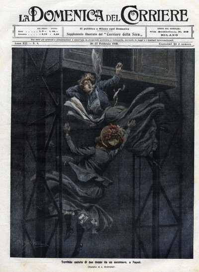 Két nő esett le egy liftből Nápolyban 1910-ben. alkotó: Achille Beltrame