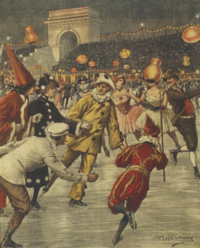 Tipikus jelmezes parti a jégen a milánói Arenben, Achille Beltrame, illusztráció, Achille Beltrame (1871-1945), a La Domenica del Corriere-ből alkotó: Achille Beltrame