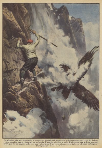 Egy hegymászó, aki megmászta Murolungo déli falát, az Abruzzó-hegységben? alkotó: Achille Beltrame