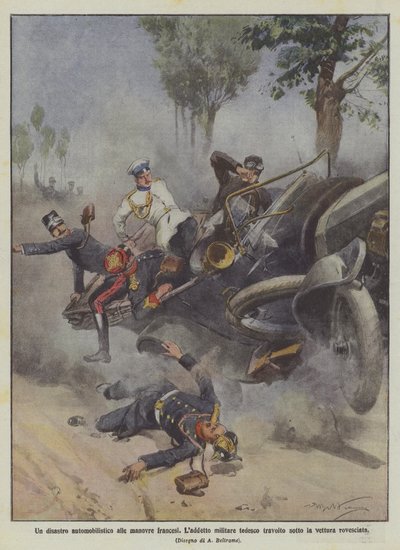 Autókatasztrófa a francia manővereken, a német katonatiszt elgázolt a felborult autó alatt alkotó: Achille Beltrame