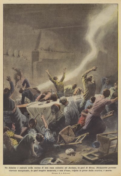 Villám csapott be egy parasztház konyhájába Sienában, Ascianoban alkotó: Achille Beltrame