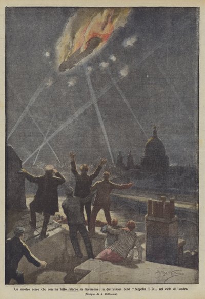 Egy légi szörny, amely nem tért vissza Németországba, a Zeppelin L 31 megsemmisülése a londoni égbolton alkotó: Achille Beltrame