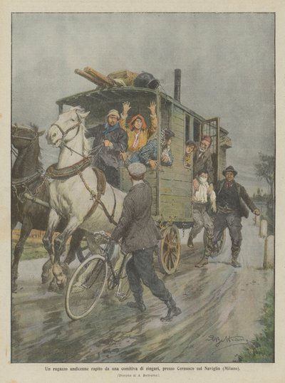 Egy tizenegy éves fiút elrabolt egy csapat cigány Cernusco sul Naviglio (Milánó) közelében alkotó: Achille Beltrame
