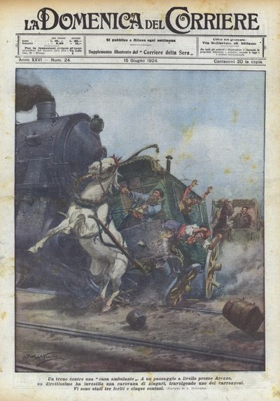 Vonat egy sétáló ház ellen alkotó: Achille Beltrame