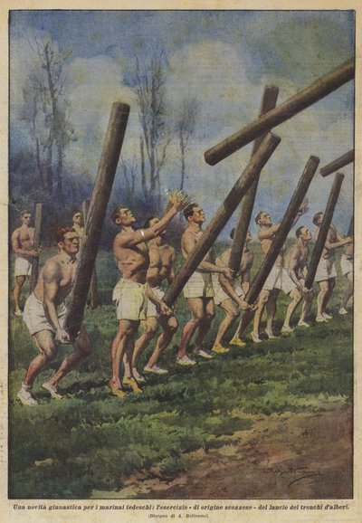 Új torna német tengerészek számára, a skót eredetű rönkhajítás fáról. alkotó: Achille Beltrame