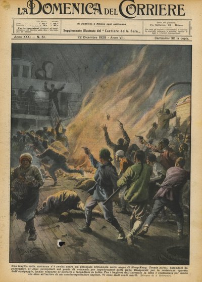 Tragikus éjszakai harc, ha egy brit gőzhajón hajtják végre Hongkong vizein alkotó: Achille Beltrame