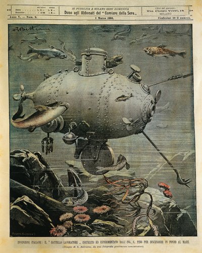 Víz alatti tengeri hajó a tengerfenék felfedezéséhez, Achille Beltrame (1871-1945) illusztrációja, La Domenica del Corriere, március 1. alkotó: Achille Beltrame