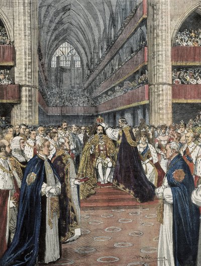 Egyesült Királyság (1901). VII. Edward koronázása a westminsteri apátságban. Achille Beltrame illusztrációja a Domenica del Corriere-ben jelent meg. Metszés. alkotó: Achille Beltrame