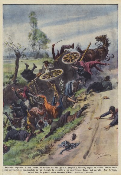 Huszonhárom lány és két apáca, akik egy szekéren térnek vissza Pragliából (Padova)? alkotó: Achille Beltrame