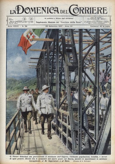 Etiópia alelnöke, Rodolfo Graziani, átkelt Abesszin területen. Illusztráció: Achille Beltrame a „La Domenica del Corriere”-ből, 1937.09.26. alkotó: Achille Beltrame