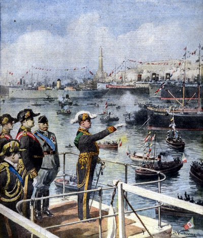 Benito Mussolini látogatása Genovában. A Duce az Esperia hídról köszönti a várost. Beteg. de Beltrame. A futár vasárnapja, 1926.06.06. alkotó: Achille Beltrame
