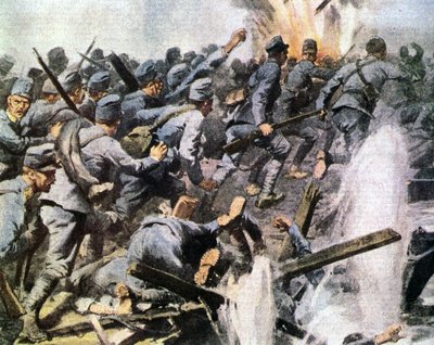 Vittorio Veneto offenzíva: az osztrák visszavonulás a La Domenica del Corriere illusztrációjában „A hegy jött játszani fifes come home play, A Piave tragikus visszavonulása” (litográfia) alkotó: Achille Beltrame