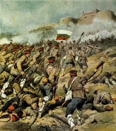 Öt nemzet háborúja, a bolgár hadsereg előrenyomul Adrianopoli felé, és elfogja Kirk Kilistát és lenyűgöző katonai zsákmányt, Achille Beltrame (1871-1945), illusztráció a La Domenica del Corriere-ből, 1912. november 3. alkotó: Achille Beltrame