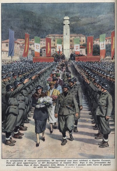 Fekete inges tagok esküvői ceremóniája Veronese Caprino en Venetie-ben. Illusztráció: Achilles Beltrame de „” La Domenica del corriere ”” ”, 1937.10.10. alkotó: Achille Beltrame
