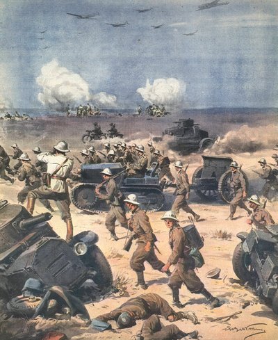 Második világháború. Líbia (észak-afrikai kampány). A cyrenaicai olasz csapatok Egyiptomba vonulnak. Illusztráció: Antonio Beltrame. „La Domenica del Corriere”. szeptember 22 alkotó: Achille Beltrame