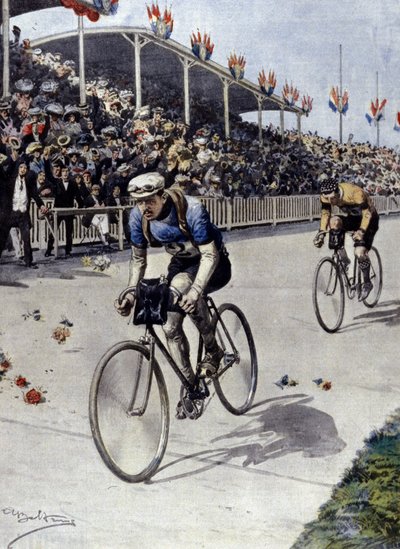 kerékpáros Peer Breton A Tour de France győztese 1908-ban. Achille Beltrame illusztrációja. alkotó: Achille Beltrame