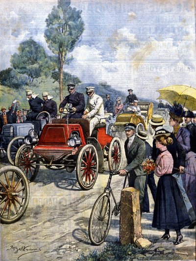 Olaszország első köre autóval 1901-ben, Achilles Beltrame illusztrációja alkotó: Achille Beltrame