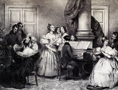 Családi koncert zongorával, Achille Deveria (1800-1857), metszet, Franciaország alkotó: Achille Devéria