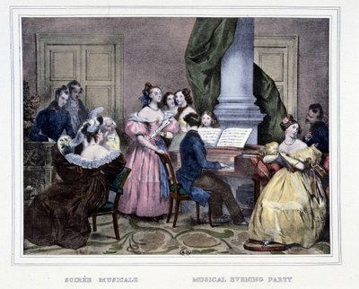 Zenés est a zongora körül - Achille Deveria „Les heures de la Parisienne” című művében alkotó: Achille Devéria