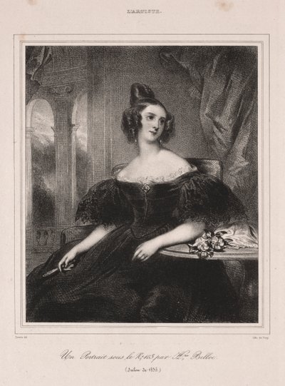 Fiatal nő legyezővel az asztalnál ülve, 1835. alkotó: Achille Devéria