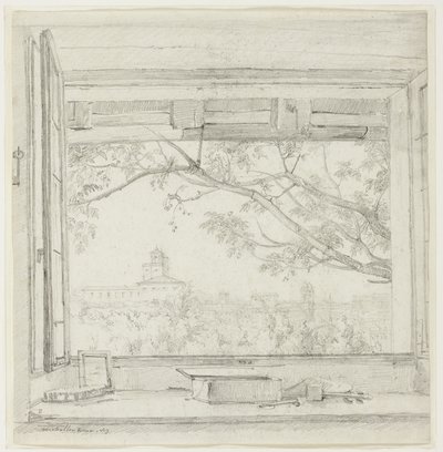 A Villa Medici és a Sta Trinità dei Monti látképe Ingres műterméből a római Pavillon San Gaetano-ban, Róma alkotó: Achille Etna Michallon