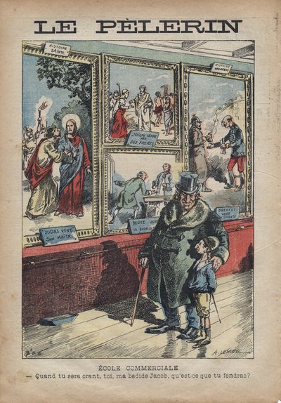 Antiszemita Achille Lemot rajzfilmje a „Le-Pelerin”-hez, 1896. szeptember – Kereskedelmi iskola: ha ösztöndíjas leszel, te, Jacob, az ágyam mellett, mit fogsz szétválasztani? alkotó: Achille Lemot