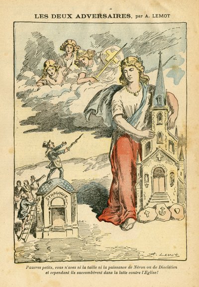 Illusztráció: Achille Lemot (1846-1909) Le Pelerinben, 09.09.06 - A két ellenfél - Antiszemitizmus, valláshit, háromszínű zászló, katedrális templomok, zsinagóga, katolikus katolicizmus - allegória, léptékváltás alkotó: Achille Lemot