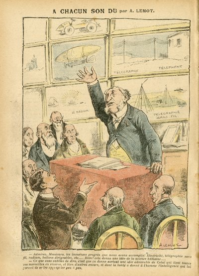 Illusztráció: Achille Lemot (1846-1909) Le Pelerinben, 2007.09.22 - Modernista, autó, valláshit, ateizmus, haladás, távíró, vezeték nélküli távirat, telefon, rádium, katolikus katolicizmus - szellemi alkotó: Achille Lemot