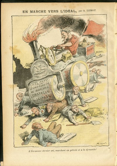 Illusztráció: Achille Lemot (1846-1909) Le Pelerinben, 2006.05.27 - Menet az ideális felé - Társadalmi, Autó, Holttestek, Forradalom, Vörös zászló, Gazdaság, Szocializmus, Pneumatika, Szúrás alkotó: Achille Lemot