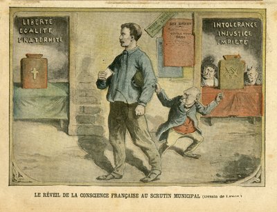 Illusztráció: Achille Lemot (1846-1909) Le Pelerinben, 01/05/04 - A francia lelkiismeret ébredése az önkormányzati szavazásra - Választások, Valláshit, Baloldali Blokk, Katolicizmus Katolikus - Laicite világi törvények - Combes Emile (1835) -1921), alkotó: Achille Lemot