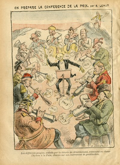 Achille Lemot (1846-1909) illusztrációja Le Pelerinben, 07.03.02 - Békekonferencia előkészítése - Oroszország, Németország Poroszország, Ázsia, Zene, Amerika USA USA, Anglia Nagy-Britannia, Kelet, Európa, Olaszország, Kína, Kanonok , kagylók, béke, tánc, F alkotó: Achille Lemot