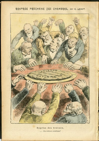 Illusztráció Achille Lemotról (1846-1909) Le Pelerinben, 06.03. - A kamrák következő bérbeadása - Antiparlamentarizmus, Képviselőházi ülésterem, Galette des rois - Képviselőház alkotó: Achille Lemot