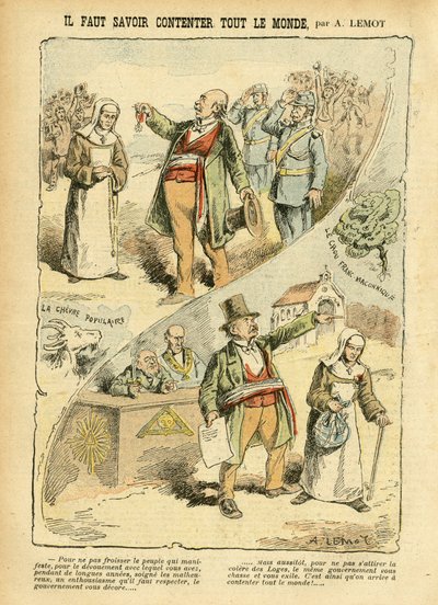 Illusztráció Achille Lemotról (1846-1909) a Le Pelerinben, 03.09.05 - Tudnod kell, hogyan kell mindenkinek a kedvében járni - Antiklerikalizmus, antimakonizmus, szabadulás, valláshit, érem, baloldali blokk, katolikus katolicizmus - vallási kilakoltatás, ál alkotó: Achille Lemot